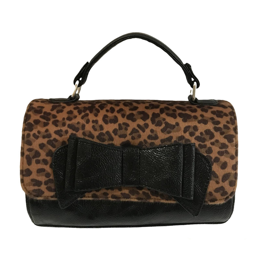 Call It Spring Purse Leopard Patent Leather Blk Bow Bag Wrist Foot Barrel Style